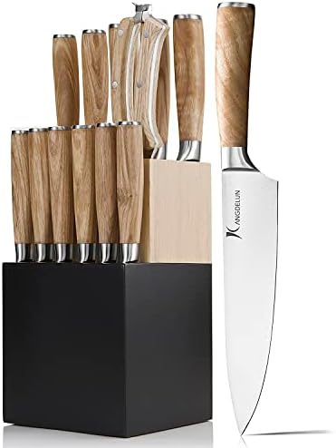 קנגדלון נטורה סדרת 15 יחידות סכין בלוק סט, אולטרה חד גבוהה פחמן נירוסטה עם ידית עץ
