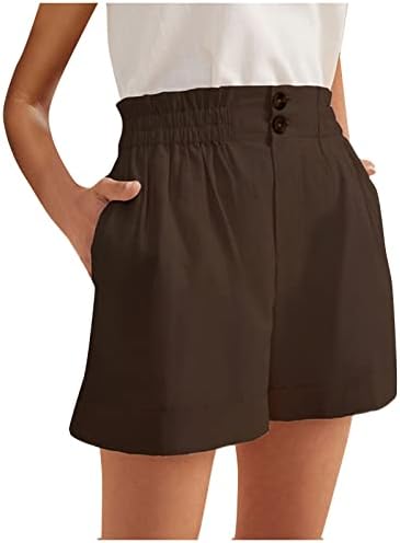 מכנסיים קצרים של פיררו לנשים בקיץ מותניים גבוהים כפתורים אלסטיים מוצקים משקל קל משקל בכיס ברמודה מכנסי רגל רחבים