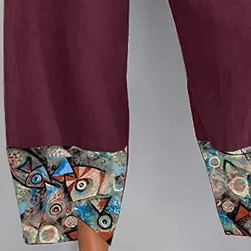 Maiyifu-GJ נשים מודפסות פשתן מכנסי רגל רחבים תחתונים קצוצים קלים מכנסיים מותניים אלסטיים המותניים המותניים המותניים עם