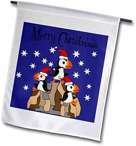 3 עלה מצחיק חמוד פאפין ציפורים על סלעים בסנטה כובעי חג המולד פרימיטיבי אמנות-דגלים