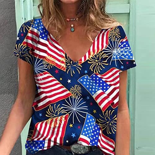 חולצות גרפיות של דגל אמריקאי AUSYST לנשים כוכבי 4 ביולי מככבים פסים מודפסים חולצות פטריוטיות נ 'צוואר שרוול קצר