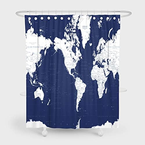 Vakado נייבי כחול לבן מפת עולם וילון מקלחת סט אוקיינוס ​​גיאוגרפיה ימי עם ערי עיצוב עיקרי מפורט עיצוב דקורטיבי