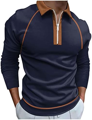 חולצות פולו רוכסן של XXBR לגברים, 2022 חולצת גברים חדשים שרוול ארוך טלאים גיאומטריים טלאים גולף חולצה סתיו צוואר