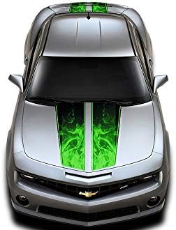 ערכת גרפיקה של מכסה המנוע והגזע של מכוניות גזע ערכת גרפיקה 3M דבקת ויניל תואמת לשברולט קמארו 2010-2015-להבות ירוקות V2