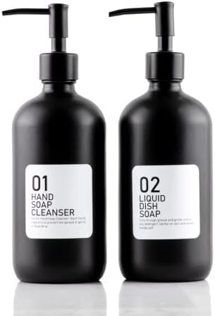 2 חבילות מתקן סבון זכוכית שחורה עם סבון יד עם תוויות סבון ידיים - מושלם לכיור מטבח או אמבטיה, קרם ומתקן שטיפת פה. מתקן