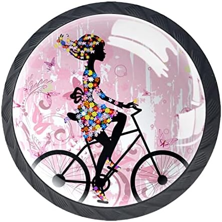 נערת פרחים של Kraido על אופניים פרפרים ורודים מגירת דפוס מטפל 4 חתיכות ידית ארון עגולה עם ברגים מתאימים למשרד ביתי