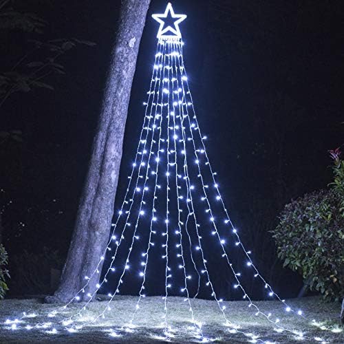 קישוטי חג המולד של דינגפו אורות חיצוניים, 11.5 רגל 317 אורות עץ חג המולד של כוכב LED, 8 מצבי תאורת זיכרון וטיימר
