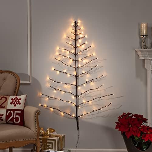 עץ קיר חג המולד מואר - LED מקורה/חיצוני בגובה 3 רגל - אורות לבנים חמים - סוללה המופעלת עם טיימר