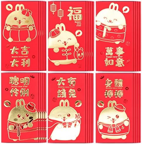 ירחי הונג באו מעטפת 30 יחידות קריקטורה ארנב דפוס אדום מעטפות אדום מעטפות לשנה של ארנב 2023 סיני אדום כיס