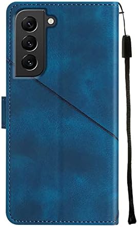 תואם לארנק מארז SAMSUNG S22 עם חריצי כרטיס אשראי רצועת כף היד של עמותה וכיסוי מגן עם עור כחול שרוך ארוך עם עיצוב מובלט עבור