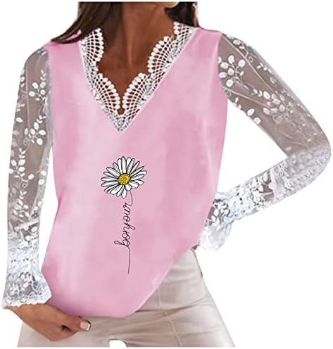 נשים קיץ מקרית פרח הדפסת חולצות תחרה רשת ארוך שרוול צווארון לפרוע רופף חולצה
