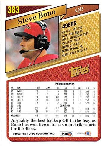 1993 Topps כדורגל זהב 383 סטיב בונו סן פרנסיסקו 49ERS כרטיס מסחר רשמי ב- NFL במקביל מחברת TOPPS