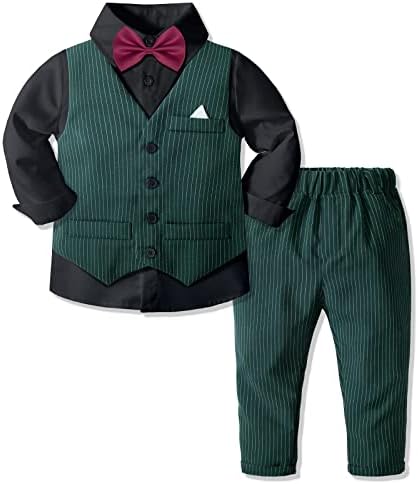 אנג ' לווילה סט חליפה רשמית לילד, חליפת טוקסידו בכושר רזה עם חולצת שמלת ילד, סט מכנסיים אפוד ועניבת פרפר אדומה