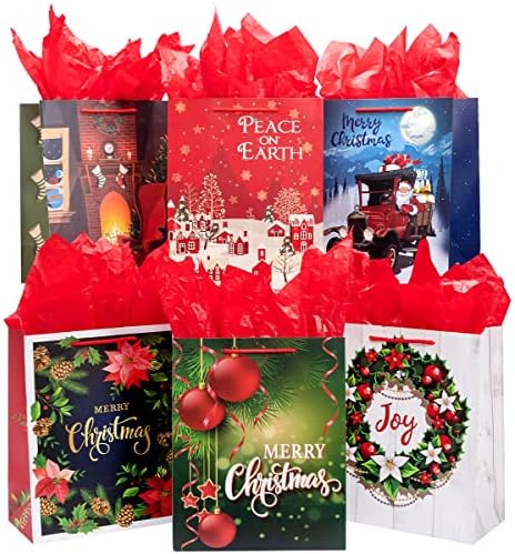 Joyin 18 PCS נושא לחג המולד גודי נייר תיקי מתנה עם 6 עיצובים לקישוט מתנה לחג המולד, ציוד למסיבות חג המולד, עיצוב