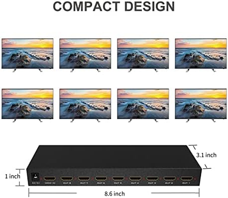 מפצל 1x8 HDMI על ידי ANLINK -1 ב- 8 OUT, Premium איכות Ultra HD 4K 60Hz 2.0 1x8 HDMI מפצל רזולוציות גבוהות עד 4KX2K