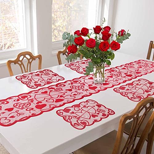 קישוטי חג האהבה רץ לשולחן עם 4 מפיות, 13 על 72 אינץ ' ורד אדום תחרה רומנטית סט מחצלות שולחן ליום האהבה אספקת מסיבת