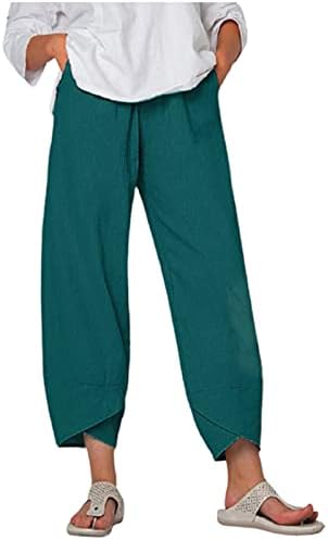 מכנסי קפרי של נשים של ZDFER רופפים מכנסי טרנימה רכים מכנסי טרנינג סיבתי מכנסי טרקלין פשתן עם כיסים