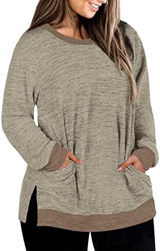 דולנין נשים-פלוס-גודל-גודל-שחיקה חולצות שרוול ארוך צמרות פיצול צד עם כיסים