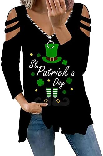 חולצות יום פטריק של סנט פטריק לנשים סקסיות צווארון v גזרת רוכסן מכתף כתף שרוול ארוך מכתב ירוק חולצת טריקו מודפסת