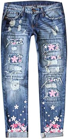 טלאי חמניות של נשים מותניים גבוהים קרעו במצוקה ג'ינס נמתח ג'ינס סקיני הדפס פרחוני הרוס ג'ינס קפרי