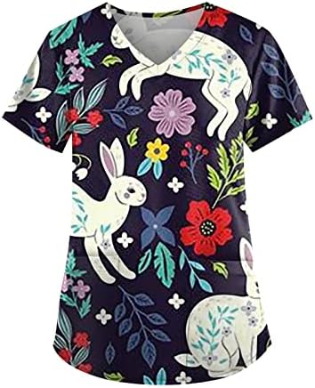 חולצות פסחא שמחות לנשים ארנבות גרפיות שרוול קצר טוניקה צמרות חולצות חג מזדמן עם כיסים