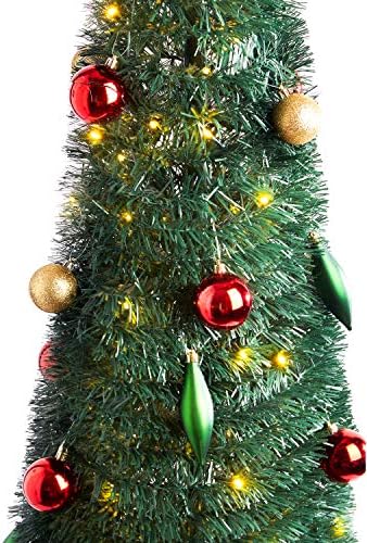 עץ חג המולד קופץ עם אורות - 6ft, מתקפל לאחסון קל, 150 LED לבן חם, קישוטים וקשת כלולים, עץ עיפרון מלאכותי מעוטר, ירוק