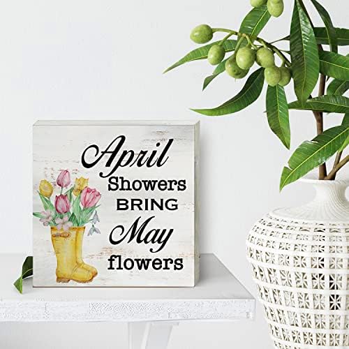 אפריל מקלחות להביא עשוי פרחי עץ תיבת סימן בית תפאורה כפרי אביב ציטוט עץ תיבת סימן בלוק פלאק עבור קיר שולחן שולחן עיצוב