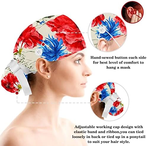 פרחים אדומים מפרחים כובע עבודה פרפר כובע שפשוף מתכוונן עם כפתורים ושיער קשת משופש לאחות ורופא