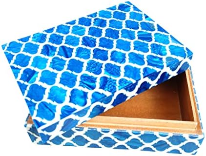 מעצב דפוס מרוקאי וינטק קופסת שרף רויאל בית רויאל דקורטיבי קופסת אחסון מעשה יד מלבן מודרני, 7 x 3 x 5 אינץ ', כחול
