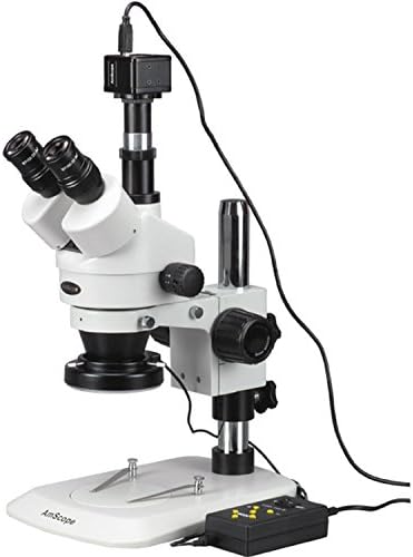 מיקרוסקופ זום סטריאו טרינוקולרי מקצועי דיגיטלי של אמסקופ-1-144 א-8 מ', עיניות פי 10, הגדלה פי 3.5-90, מטרת זום פי 0.7-4.5,