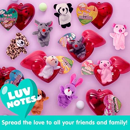 Joyin 28 חבילות לבבות מלאות של יום האהבה עם בובה אצבע חיה קטיפה וכרטיס ולנטינים לילדים חילופי כיתות ולנטיין, טובות מסיבות
