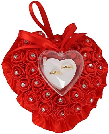 לב בצורת חתונה טבעת כרית מחזיק, נושא טבעת כרית, ריינסטון פרח עלה נושא טבעת כרית תיבת תכשיטי מקרה טבעת מחזיק לחתונה