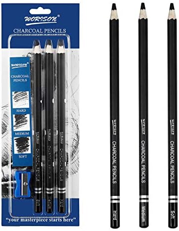 אמן בוקסון עפרונות פחם סט - 3 יצירות עפרונות רישום בינוני וקשים רכים להצללה, רישום, מתחילים ותלמידים