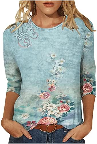 אמצע אורך 3/4 שרוול חולצות לנשים צבעוני פרחוני הדפסת חולצות צווארון עגול מקרית חולצות עבור 2023 קיץ אביב