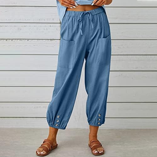 Sunyuan אלסטי מותניים מותניים של מכנסי נשים נוחות ומכנסיים תשיעיים עם כיסים מכנסיים קדמיים של קיץ מכנסיים