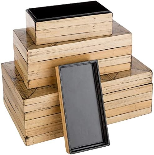 סט קופסאות דקורטיביות במבוק בוהמיאניות - 13.8 x 8.3 4.9 בז 'אקלקטי MDF גימור טבעי