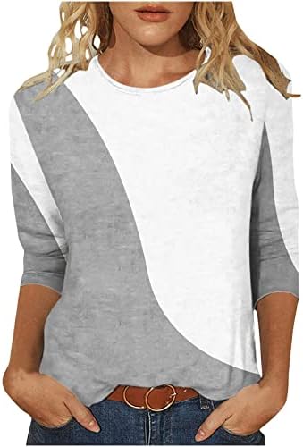 אופנה מזדמן חולצות לנשים טרנדי צבע בלוק חולצה צווארון עגול אמצע אורך 3/4 שרוולי טיז 2023 קיץ חולצות