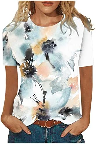 דיו ציור פרח גרפי חולצות לנשים קיץ סתיו קצר שרוול צווארון עגול ספנדקס חולצות חולצות גבירותיי 2023