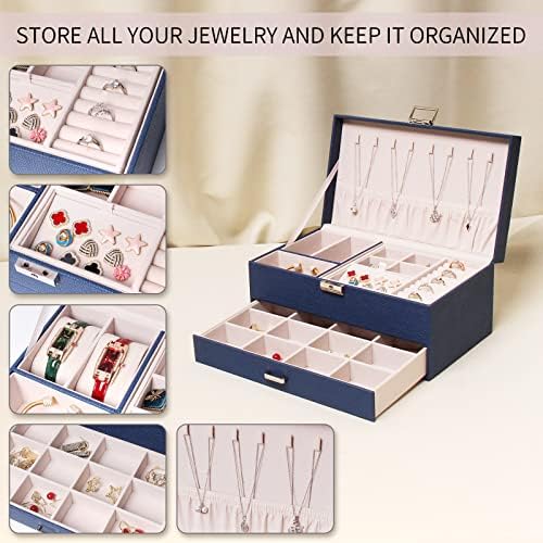 קופסת מארגן תכשיטים של פייאן עם מגירה ומנעול, 2 תכשיטים שכבות עם בטנת קטיפה לטבעת שרשרת עגילים, קופסת תכשיטים ניידת