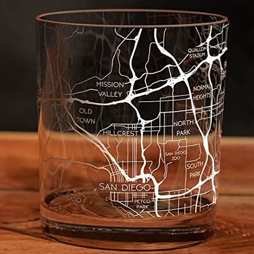 Resscu סן דייגו לייזר חרוט מפה ויסקי זכוכית, מתנה ייחודית, זכוכית מפה עירונית, אריזה בהתאמה אישית