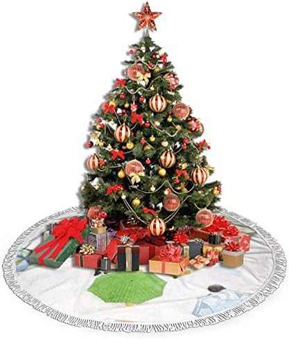 ציור שמן של מטריות על חצאית עץ חג המולד כחול בהיר, מחצלת חצאית עץ חג המולד עם ציצית לעיצוב מסיבת חתונה לחג 48