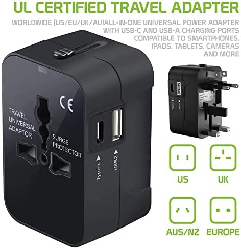 Travel USB פלוס מתאם כוח בינלאומי התואם ל- Gigabyte Gsmart Tuku T2 עבור כוח עולמי לשלושה מכשירים USB Typec, USB-A