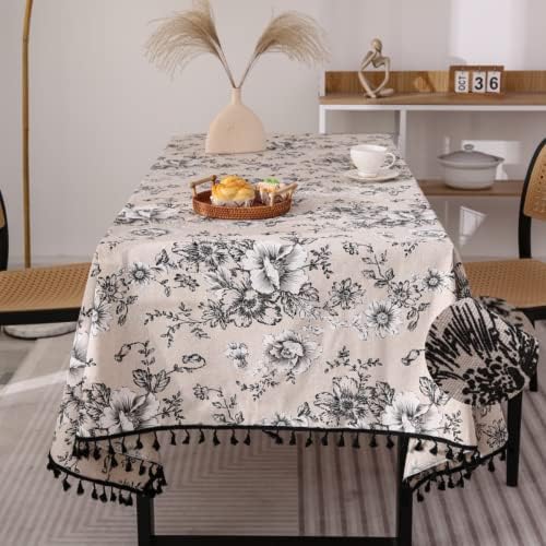 מפת שולחן פרחים F-chu עם גדילים בד שולחן כותנה כותנה למסעדה, מקורה ושולחן קישוט ביתי, מלבני מלבן 60 x 120 אינץ '≠ לבן שחור