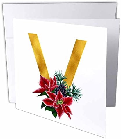 תמונת פרחוני חג המולד של 3 דרוז של מונוגרמה זהב ראשונית V - כרטיסי ברכה
