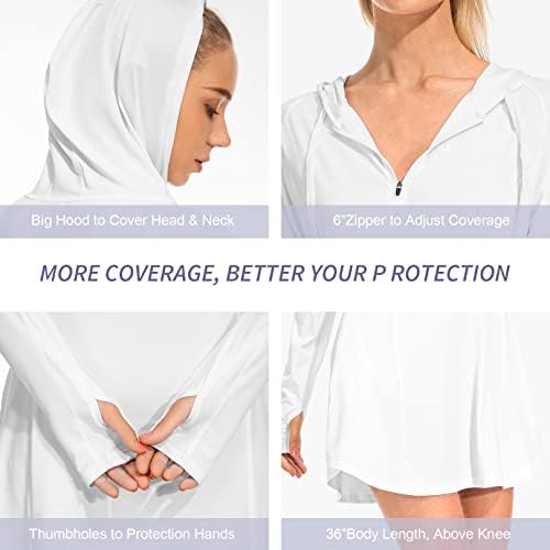 נשים חוף כיסוי שמלות שרוול ארוך UPF 50+ חולצות הגנה מפני השמש קפוצ'ון רוכסן עם כיסים חורי אגודל לבן XL