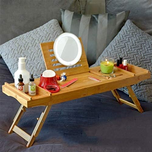 אמבטיה עץ יוקרה הניתנת להרחבה מגש קאדי - מגש שולחן מיטה מחשב נייד במבוק עם שתי כפות רגליים מדרגיות ומתכווננות, מגש אמבטיה