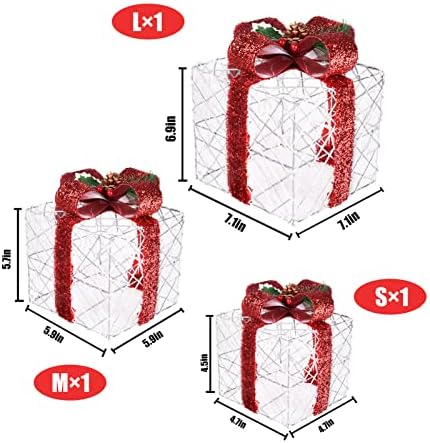 קופסות מתנת סט של 3, סוללה מופעל אור עד הווה קופסות עמיד למים עבור חג המולד עץ, מקורה חיצוני קישוטי חג המולד