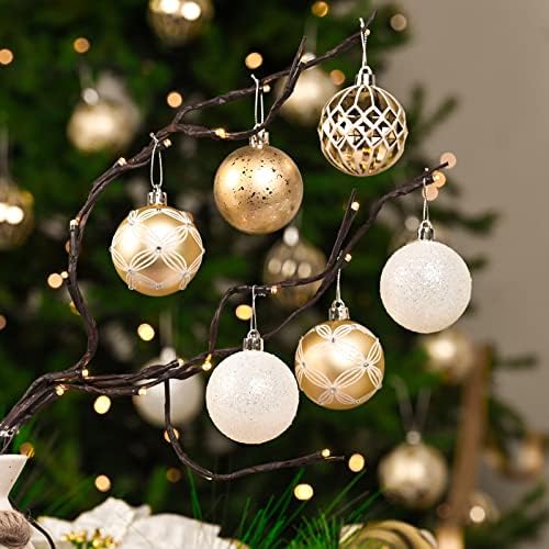 Valery Madelyn לבן זהב לבן חבילה לקישוט חג המולד 24CT קישוטים לכדור חג המולד + חצאית עץ חג המולד בגודל 48 אינץ ' + גרבי