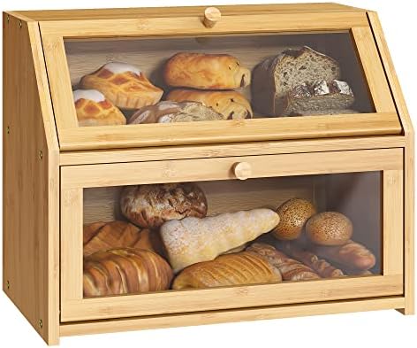 אחסון לחם קופסת לחם בית קופסת לחם למטבח מיכל לחם עם חלון צלול ארגז כפול שכבה כפולה במבוק עץ