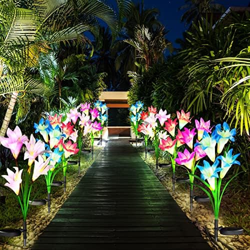12 חבילות אורות חיצוניים סולאריים עם 48 פרחי שושן סולארי מופעל על אורות פרחים חיצוניים אטומים 7 צבע שינוי אורות